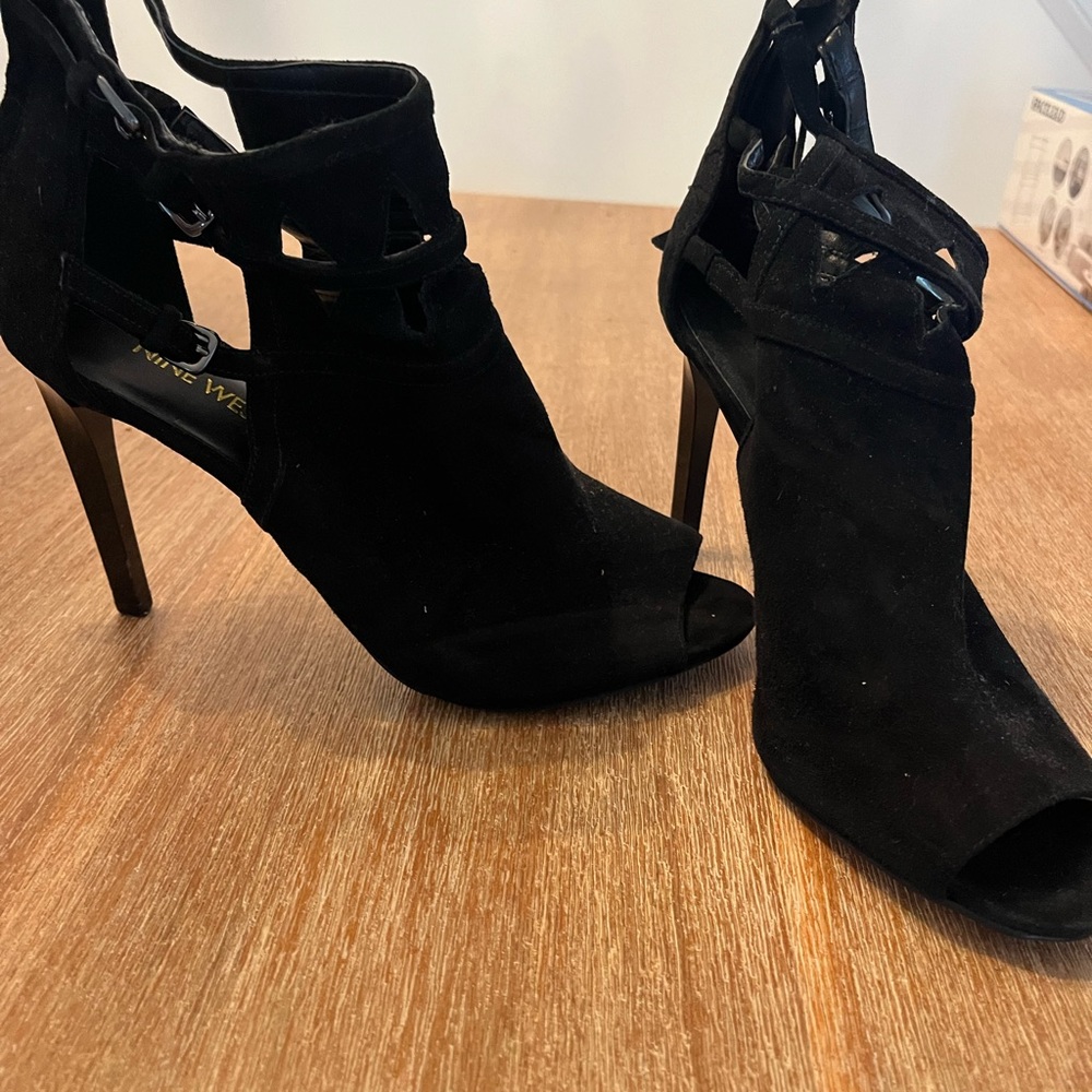 Nine West, black suede, peep toe heels, size 8.5